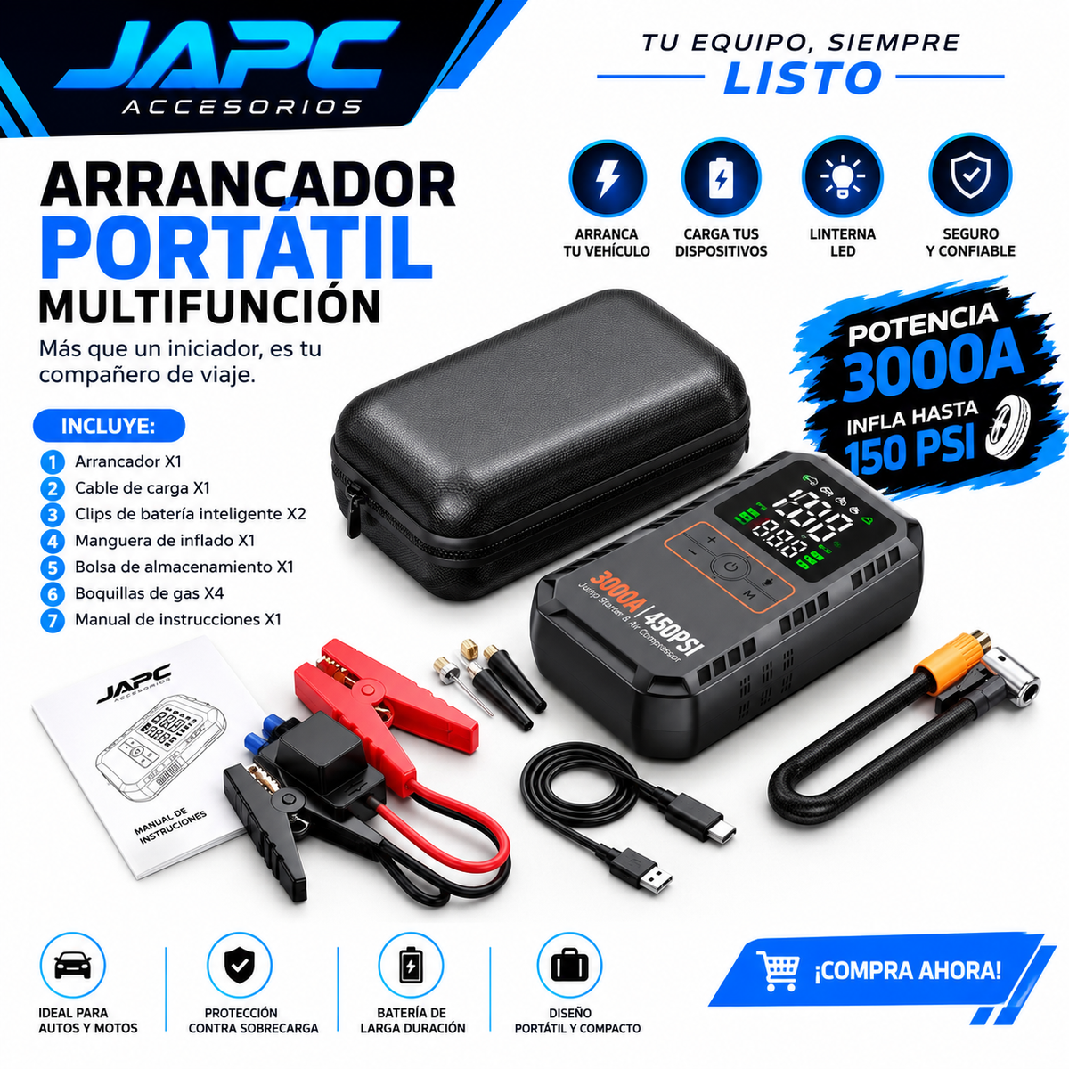 Compresor portátil multinacional jumper power bank linterna JAPC Accesorios
