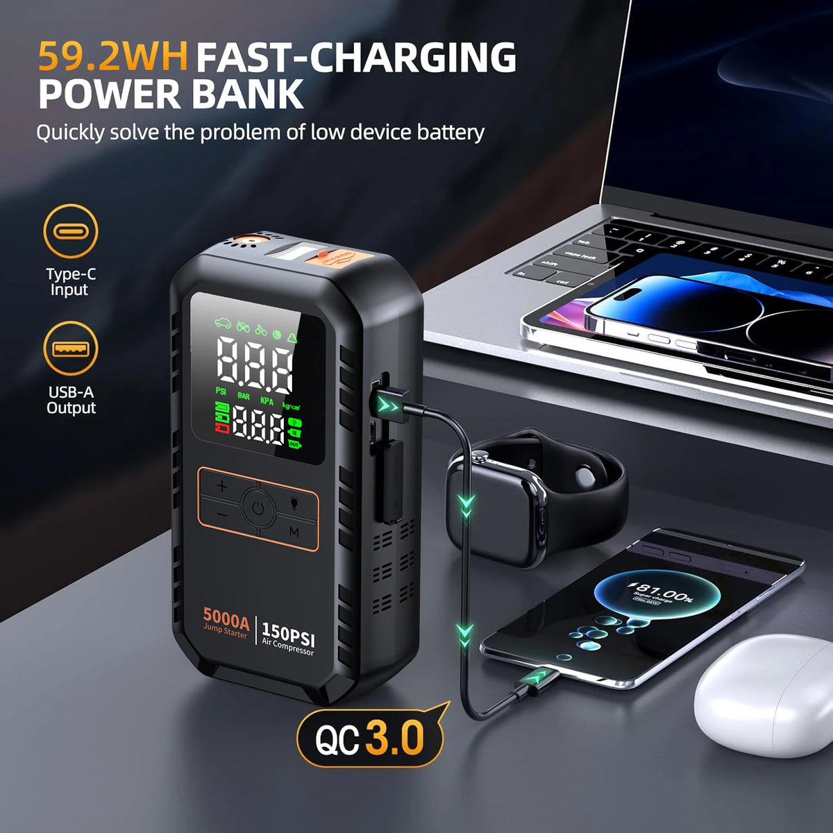 Compresor portátil multinacional jumper power bank linterna JAPC Accesorios