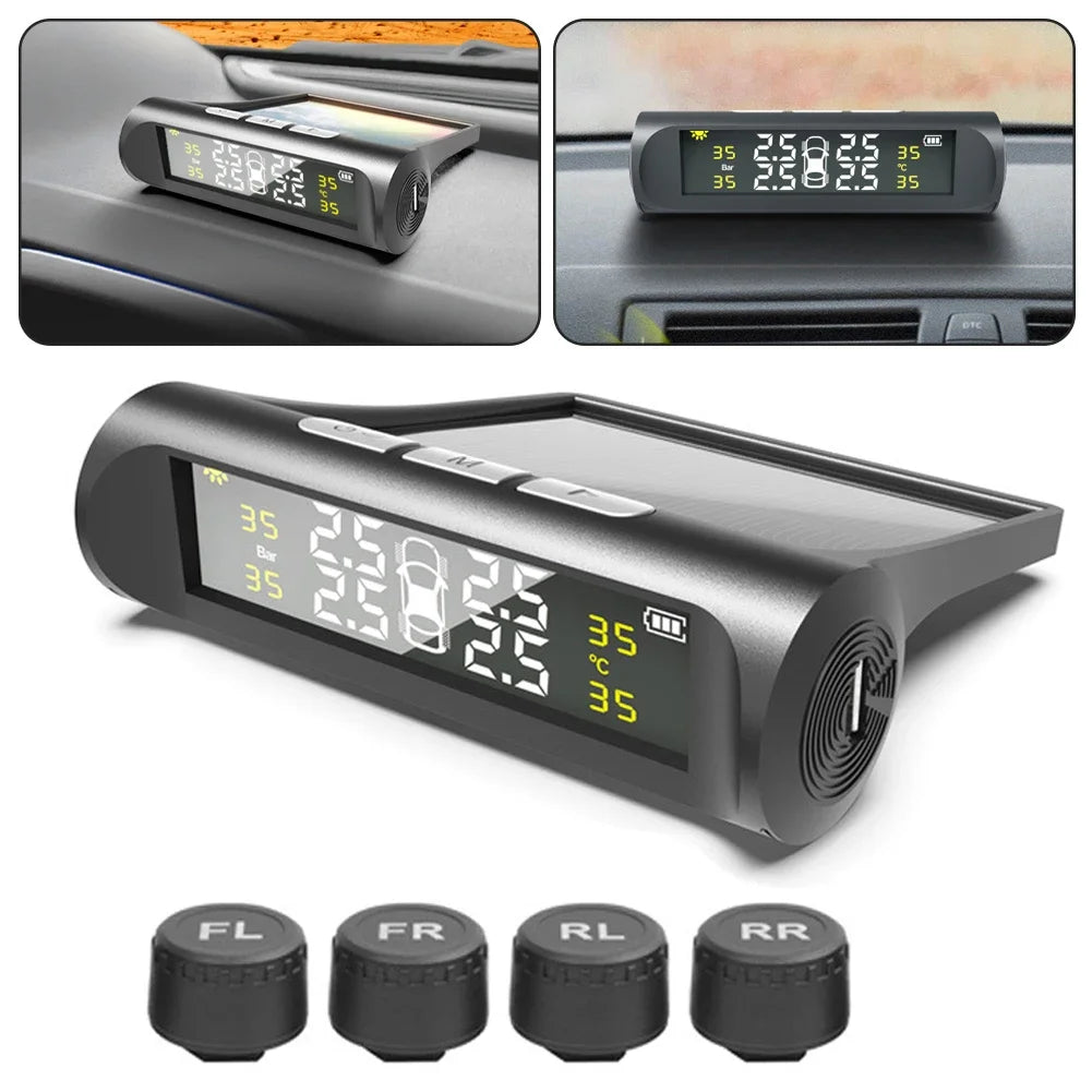 Sistema de monitoreo de presión de neumáticos (TPMS) con energía solar, sistemas de alarma de seguridad para automóviles, advertencia de temperatura y presión de los neumáticos.
