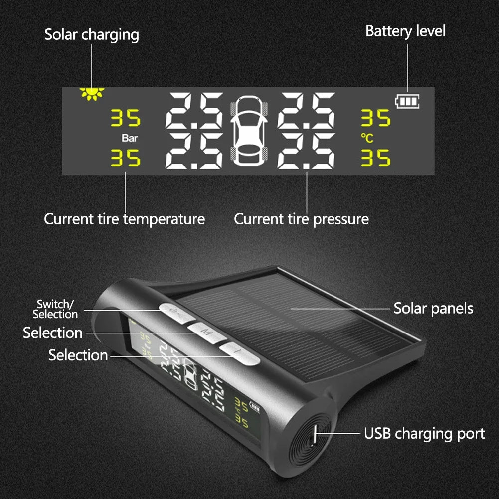 JAPC Accesorios TPMS para Automóvil – Monitor de Presión Solar y USB con Pantalla LCD a Color